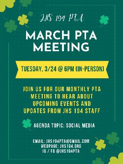 March PTA Meeting 3/24 at 6PM in person